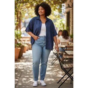 Hue Navy Blue Floral Eyelet Button Down Top Short Sleeve Scalloped Hem 3X NEW